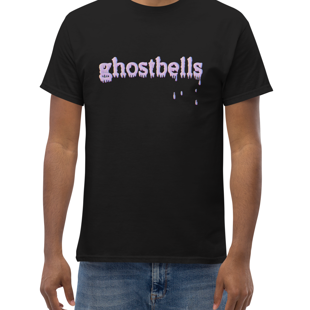 Man wearing a black t-shirt with 'ghostbells' text on a white background