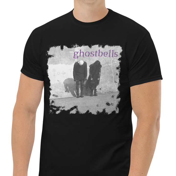 Person wearing a black t-shirt with 'ghostbells' graphic design on a white background