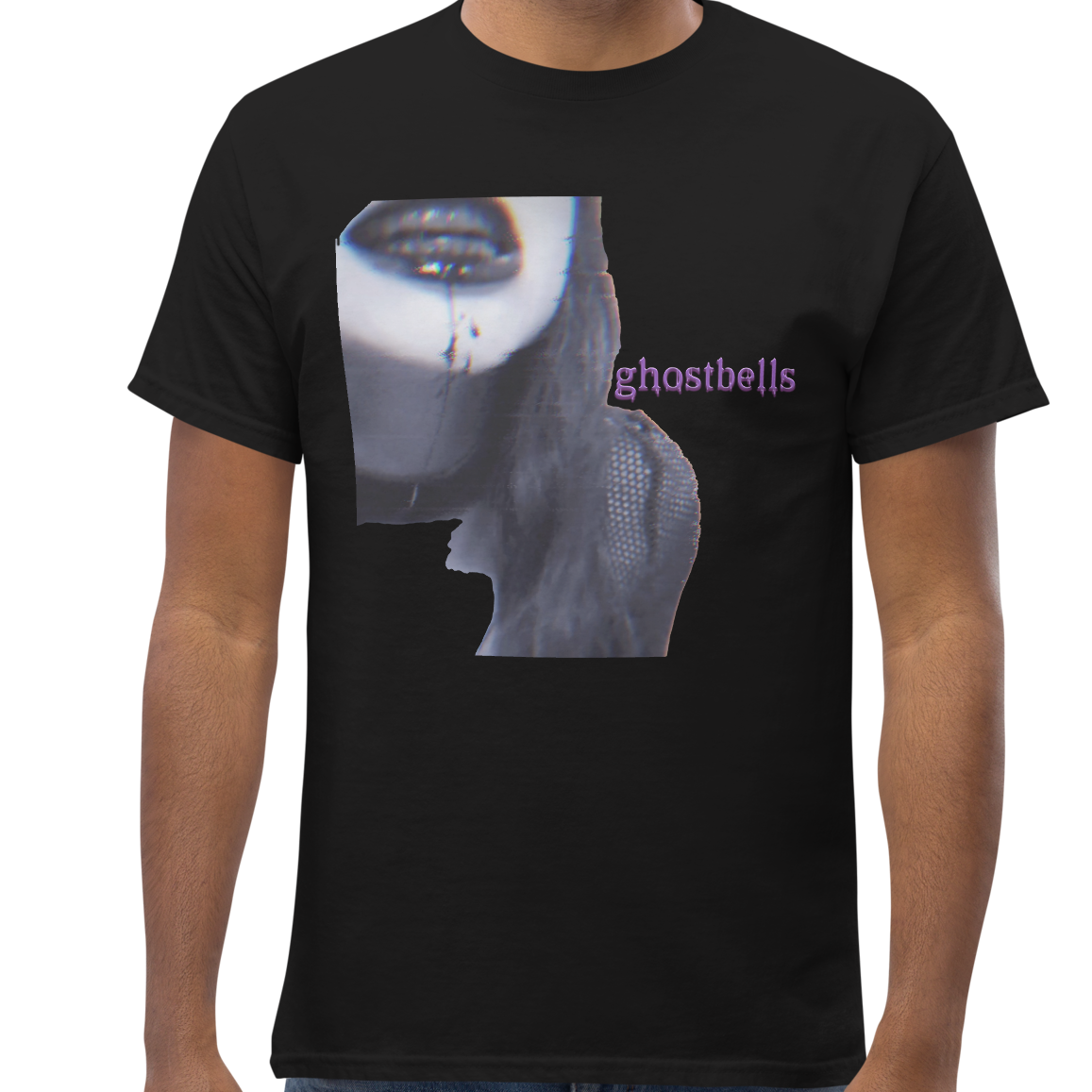 Man wearing a black t-shirt with a graphic design on a white background