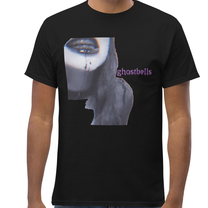 Man wearing a black t-shirt with a graphic design on a white background